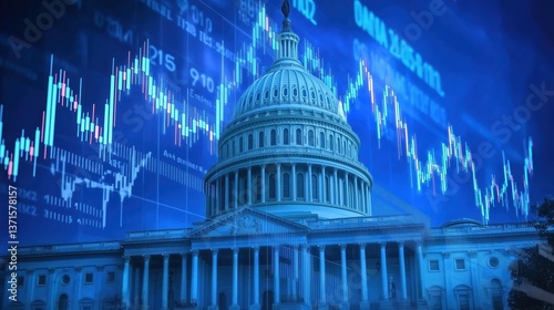 The U.S. Capitol building prominently featured against a dynamic stock market chart backdrop in a vibrant blue color theme, rendered in ultra-high-definition with hyper-realistic details. This concept