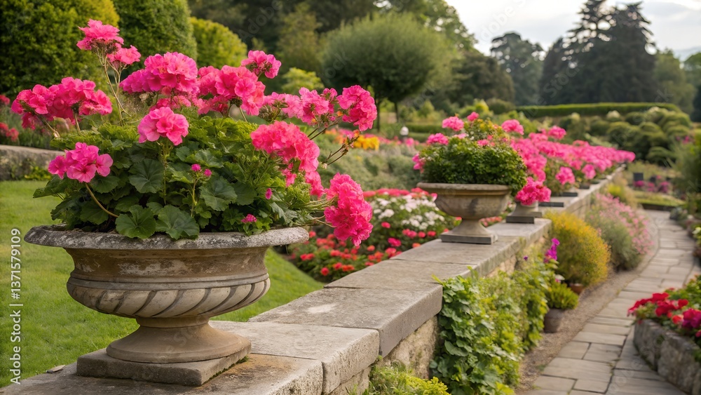 Fototapeta premium Bright pink geraniums blooming in stone pots along the edge of a vibrant outdoor garden bed filled with greenery 