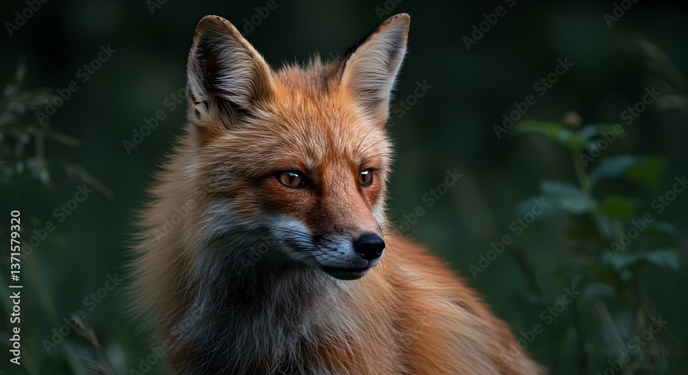 Fototapeta premium Captivating portrait of a red fox amid natural foliage surroundings in dusk