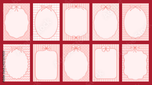 Pretty frames from ribbon with bows with space for text. Vintage ribbon frames cards on red background. Cute cards for invitation or holiday.