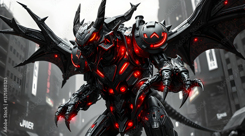 Cyberpunk demonic warrior with glowing red armor. Cyberpunk demonic warrior with glowing red armor.