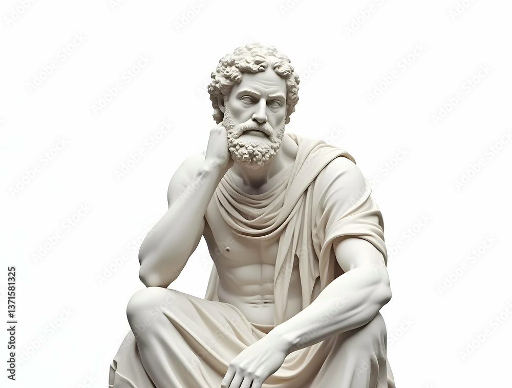 Marble sculpture of an ancient Greek philosopher in a contemplative pose on a white background. Concept of classical beauty and contemplation. Marble sculpture of an ancient Greek philosopher in a contemplative pose on a white background. Concept of classical beauty and contemplation.
