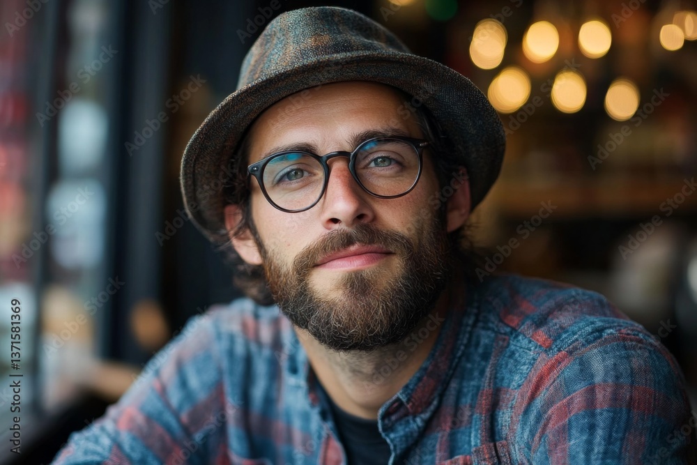 Bearded man with glasses sitting in cozy cafe with ambient lighting Bearded man with glasses sitting in cozy cafe with ambient lighting