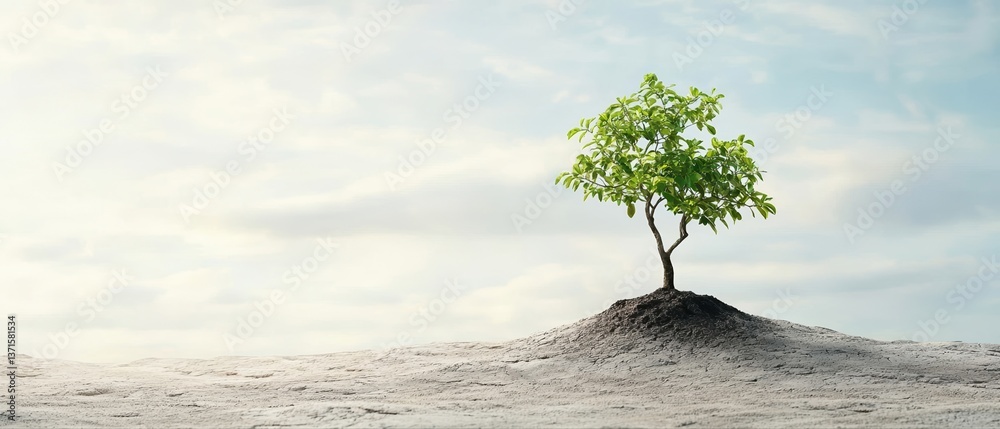 A solitary green tree emerges from a dry, barren landscape under a soft blue sky, symbolizing resilience and hope.