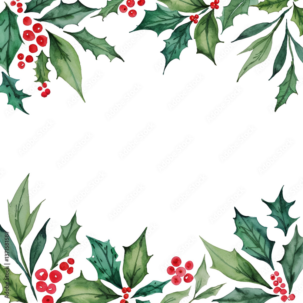 Fototapeta premium Festive Holly and Berries Border for the Holidays