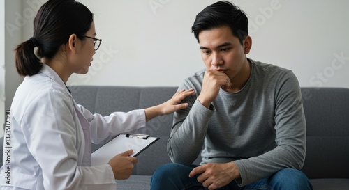 A young Asian male patient discusses his mental health concerns with a female Asian psychologist in a calm, clinical setting.