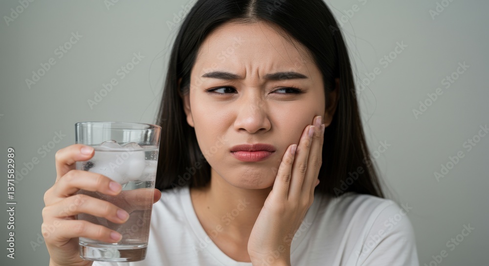Young Asian Woman with Long Black Hair Holding a Glass of Water and Grimacing in Pain, Indicating a Toothache or Dental Discomfort While Standing Against a Plain Background Young Asian Woman with Long Black Hair Holding a Glass of Water and Grimacing in Pain, Indicating a Toothache or Dental Discomfort While Standing Against a Plain Background