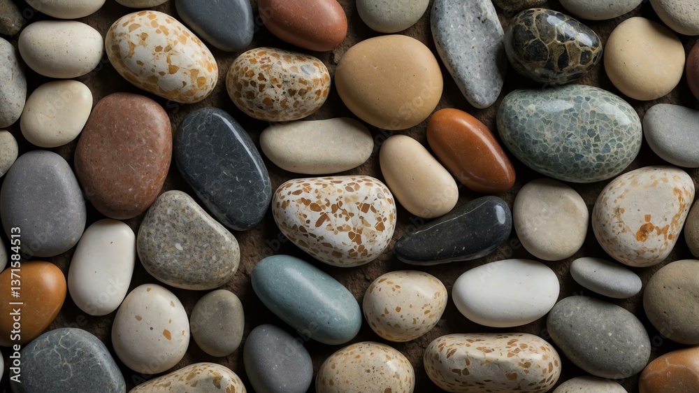 A close-up view of colorful and smooth pebbles, showcasing various shapes and colors. Perfect for backgrounds, nature themes, or texture illustrations.