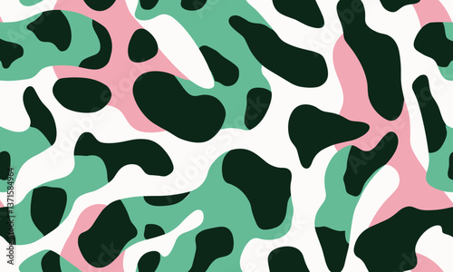 Abstract green leopard print pattern, seamless vector pattern with large shapes and simple lines, white background, pastel color palette, digital illustration, procreate