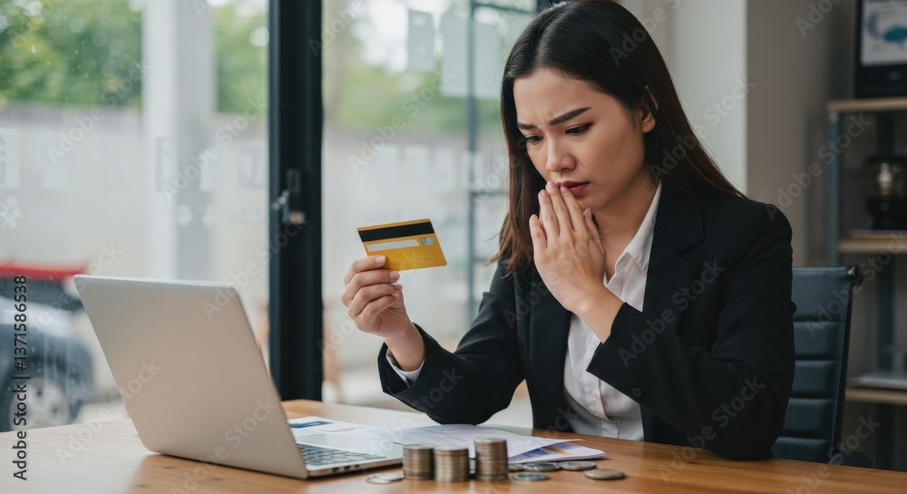 A young Asian woman in a business suit, appearing distressed while analyzing financial statements and holding a credit card at her office desk, contemplating financial issues. A young Asian woman in a business suit, appearing distressed while analyzing financial statements and holding a credit card at her office desk, contemplating financial issues.