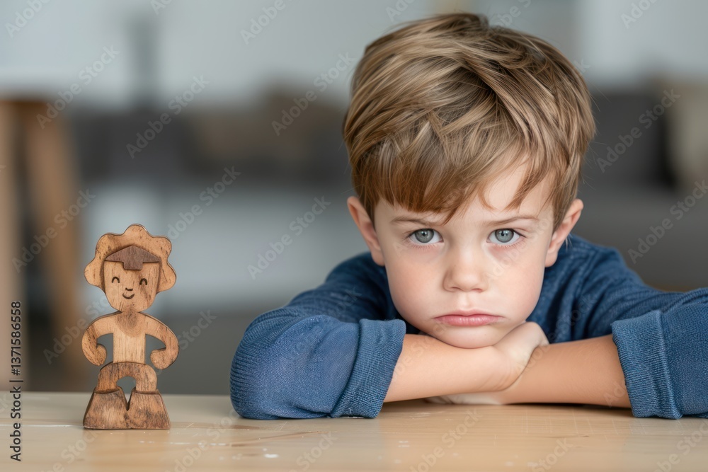 Caring therapist helping troubled child cope with emotions by hugging wooden man figurine in cozy office setting