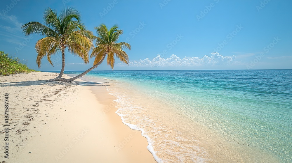 Obraz premium Creating a serene and idyllic tropical paradise scene, two palm trees lean over a white sand beach with turquoise water gently lapping at the shore.