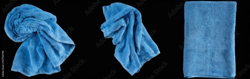 Blue towel trio on black background with ribbed texture, topdown view showcasing deep rich shade of blue. Blue towel trio on black background with ribbed texture, topdown view showcasing deep rich shade of blue.