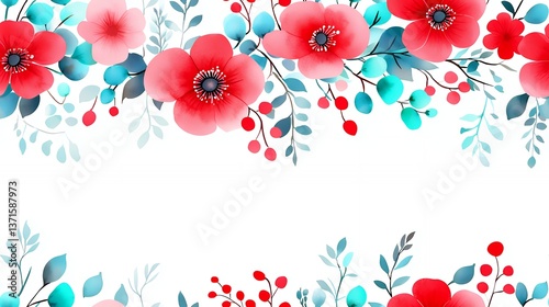 Watercolor Red And Teal Flowers Floral Border Design On White Background
