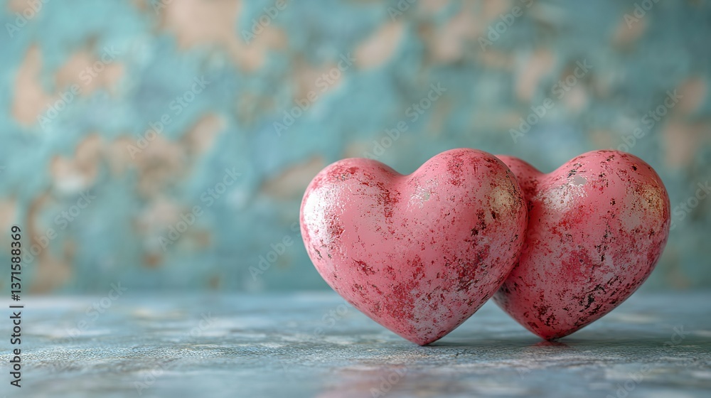 Fototapeta premium Creating an elegant and minimalist scene perfect for celebrating love on Valentine's Day, two pink hearts rest on a marble table against a light blue textured background.