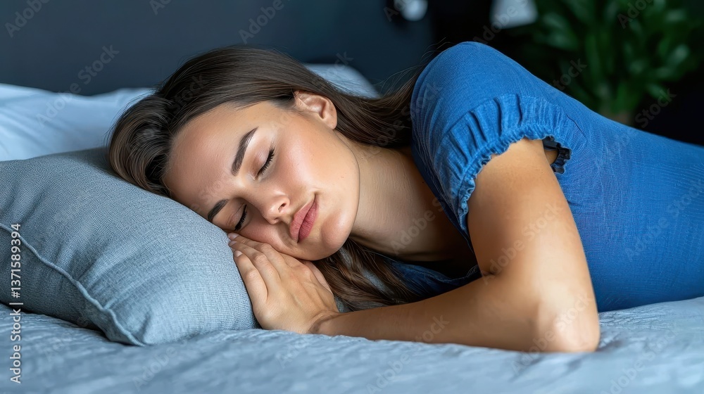 Obraz premium Young Woman Sleeping Peacefully on Soft Pillow in Stylish Bedroom