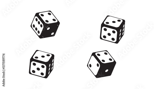 Dynamic composition featuring four black and white dice, symbolizing chance, luck, and the excitement of games and gambling in a clean, minimalist style