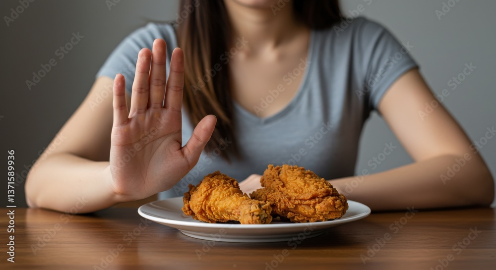 A young woman of Asian descent declines fried chicken on a plate, showcasing a moment of mindful eating and personal dietary choices in a neutral setting. A young woman of Asian descent declines fried chicken on a plate, showcasing a moment of mindful eating and personal dietary choices in a neutral setting.