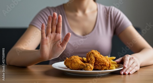 A young adult woman with medium-length brown hair sitting at a wooden table, raising her hand to reject a plate of fried chicken and french fries in a well-lit room.