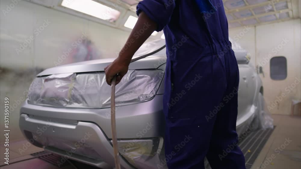Coating expert applies finish to car in paint room Coating expert applies finish to car in paint room