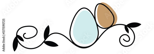One line drawing. Abstract decorative horizontal ornament with easter color eggs, stem and leaves. Beautiful hand drawn easter eggs. Happy easter border design element. egg icon. happy easter icon. 