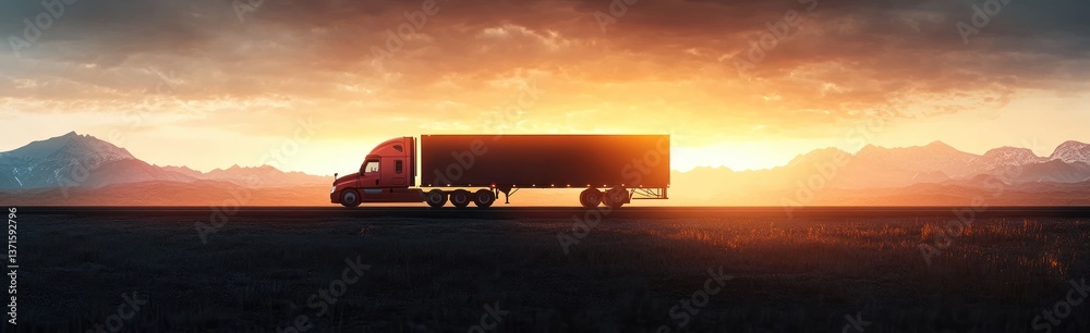 Fototapeta premium Silhouette of Truck Driving Through Mountains at Sunrise with Golden Light