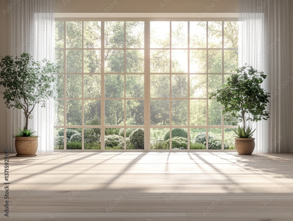 Fototapeta premium Modern Empty Living Room with Large Windows and Wooden Floor Overlooking Nature