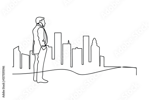 Contemplative Businessman Skyline View One Line Art Minimalist Drawing
