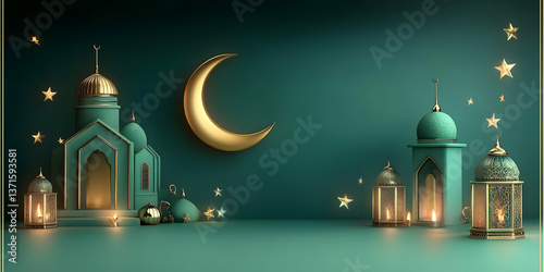 3d Illustration Islamic Ramadan Background with Gold Moon and