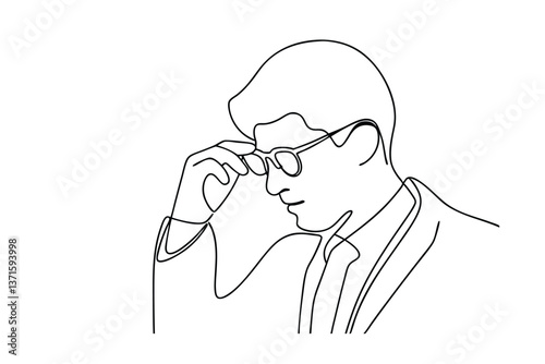 Continuous Lineart Drawing of a Thoughtful Man Adjusting Glasses