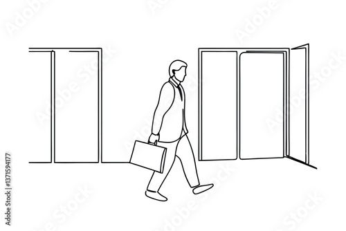 Businessman Walking Through Office Doors, Leaving Work, Career Transition