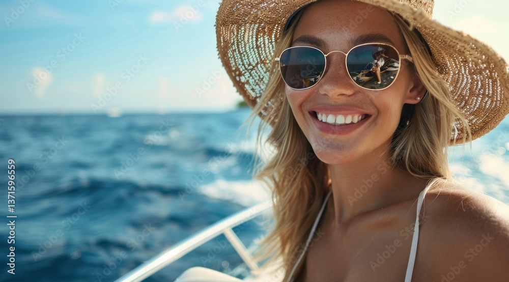 Smiling Woman in Sunglasses and Hat on a Boat Smiling Woman in Sunglasses and Hat on a Boat