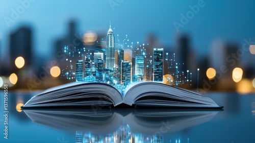 Cityscape emerges from an open book, symbolizing knowledge and innovation. Futuristic, glowing connection.