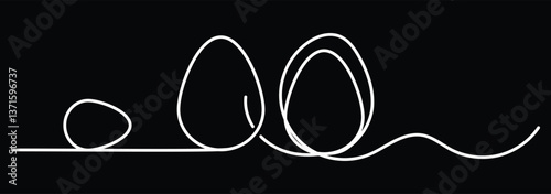 One continuous line drawing of rabbit ears and an egg. Happy Easter, minimalist banner. Editable stroke, simple doodle design. Funny spring holiday symbol, Easter egg hunt concept, Easter bunny rabbit
