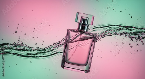 Elegant perfume bottle with splash effect against a vibrant gradient backdrop