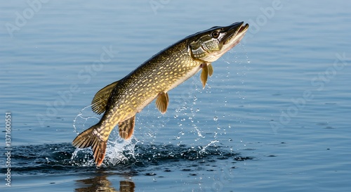 A northern pike jumps out of the clear blue water creating water splashes