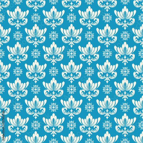 Damask fabric pattern on a blue background, white main pattern, gives a luxurious feel, suitable for interior decoration, wallpaper, curtains, tablecloths, bedding and fashion and textile clothing.