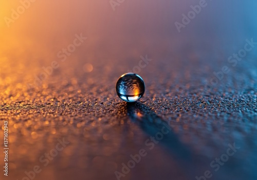 Stunning close-up photograph of a single water droplet with a mesmerizing light reflection, perfect for nature and macro photography enthusiasts. photo