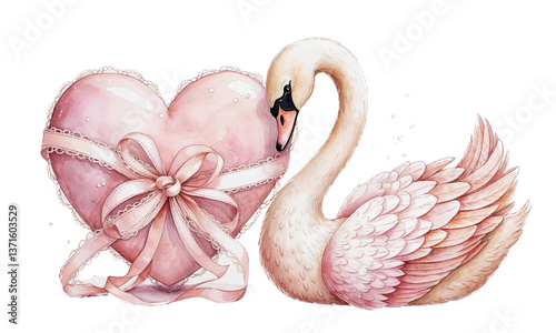 Watercolor Pink Swan with Heart-shaped Box and Ribbon – Elegant Romantic Illustration