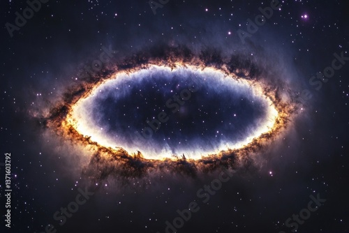 mysterious dark matter halo painted with hues of violet and gold, and scattered light from nearby star clusters