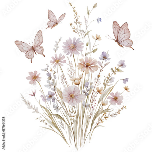 Watercolor Wildflowers and Butterflies Illustration – Soft Pastel Botanical Floral Bouquet