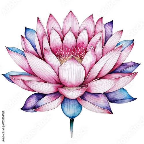 Watercolor Pink and Blue Lotus Flower – Elegant Botanical Floral Illustration with Gradient Petals