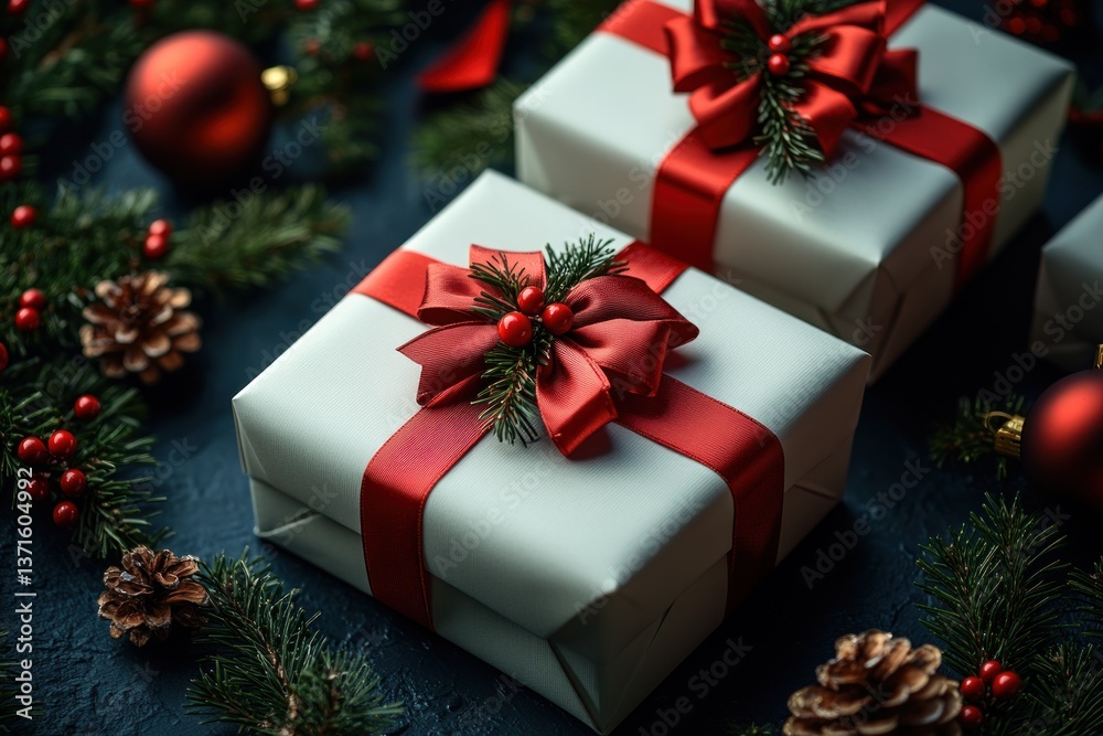 Minimalist Christmas Still Life Gift Boxes Ornaments Blue Background Holiday Minimalist Christmas Still Life Gift Boxes Ornaments Blue Background Holiday