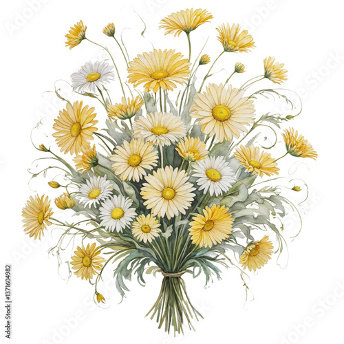 Watercolor White Daisy Flower Bouquet – Botanical Spring Floral Illustration with Green Leaves