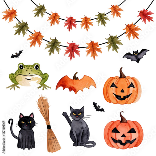 Watercolor Halloween Clipart Set – Pumpkins, Black Cat, Ghost, Bat, Owl, Frog and Witch Broom Illustration