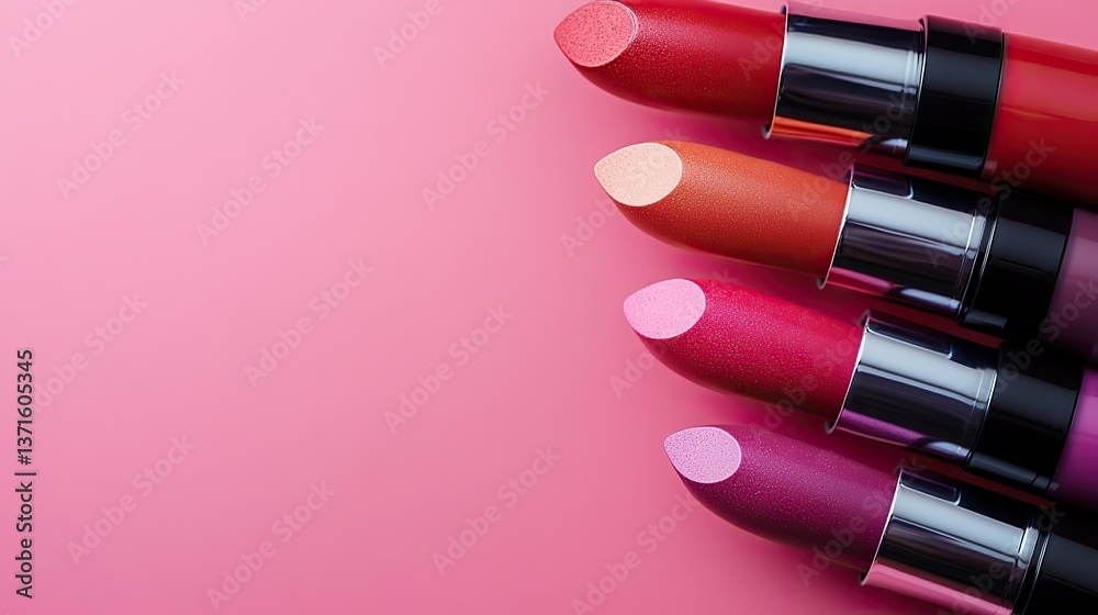 Lipsticks lie diagonally on pink, a colorful flat lay of trendy makeup shades under studio light. Lipsticks lie diagonally on pink, a colorful flat lay of trendy makeup shades under studio light.