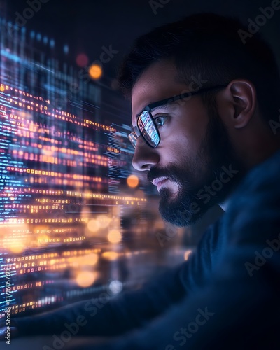 Male cybersecurity expert focused on laptop, close-up tech work, security expert analyzing data, modern technology background, professional digital environment --ar 4:5
