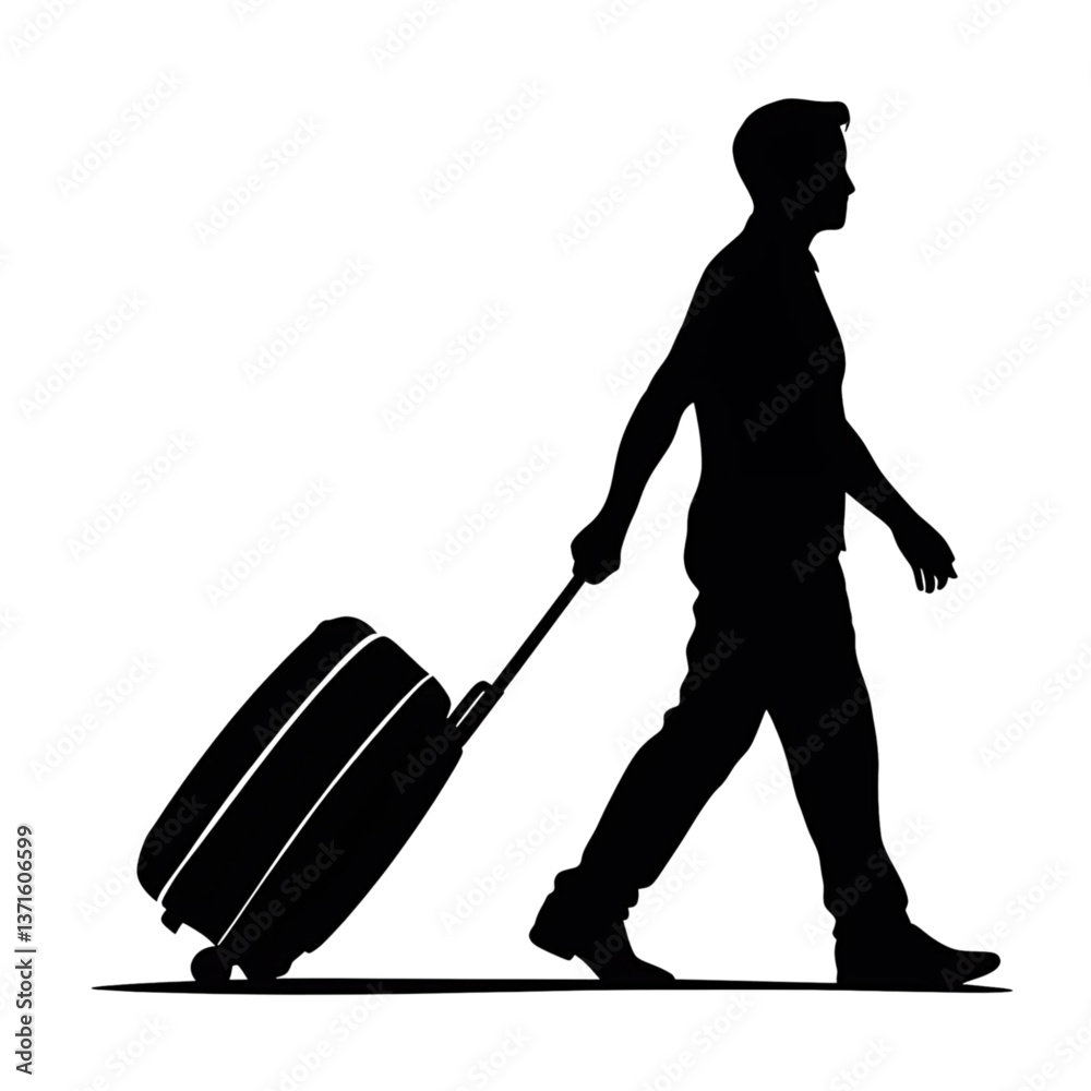 Silhouette of a Traveler Pulling a Suitcase - Journey, Trip, Travel Concept