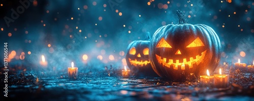 Surreal Halloween Scene with Jack O'Lanterns in Masks on Wooden Table with Glowing Candles and Atmospheric Lighting