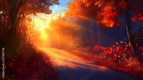 Illustration Of A Forest Path With Autumn Leaves And Sunlight In Vivid Colors
